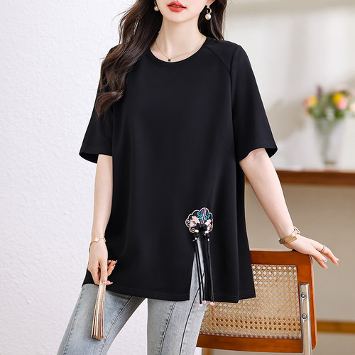 盘扣开叉短袖T恤女大码女装