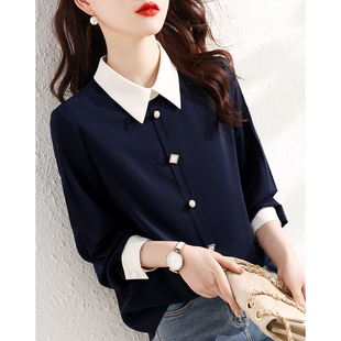 九月陌墨轻熟风2023春季 气质撞色拼接设计感翻领百搭女显瘦衬衫