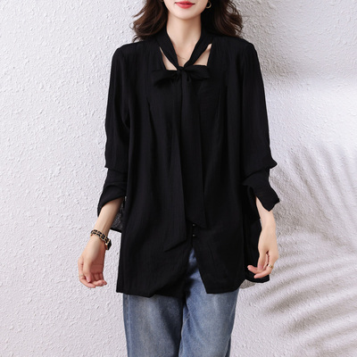 中长款系带内搭打底长袖衬衫