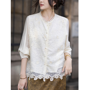 九月陌墨法式镂空蕾丝花边衬衫女长袖气质减龄洋气衬衣2025秋新款