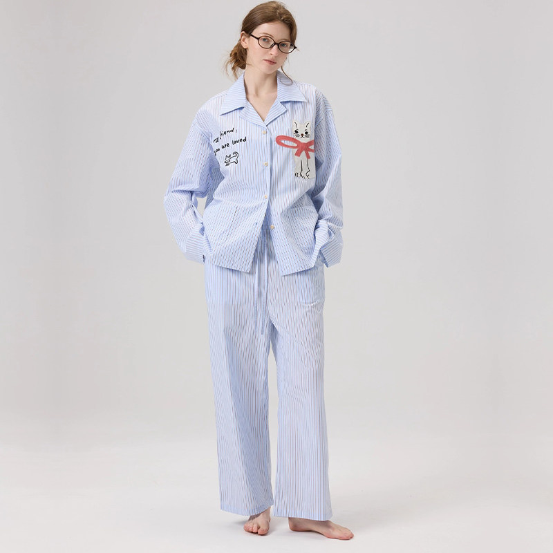 UNPASSE睡衣纯棉刺绣条纹家居服