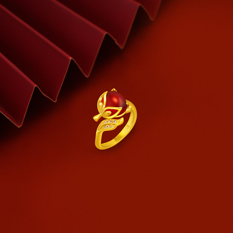 越南沙金女款古法金镶玉红狐狸戒指 送朋友送礼狐狸开口指环戒指