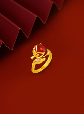 越南沙金女款古法金镶玉红狐狸戒指 送朋友送礼狐狸开口指环戒指