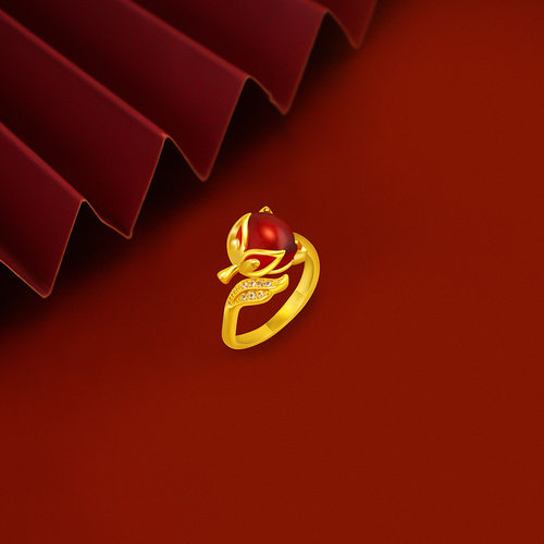 越南沙金女款古法金镶玉红狐狸戒指 送朋友送礼狐狸开口指环戒指