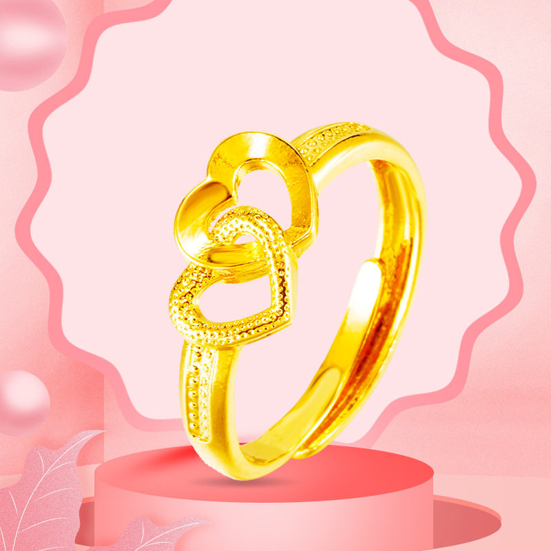 网红精致沙金复古双爱心开口戒指女 配饰仿24k金女戒 送女友老婆