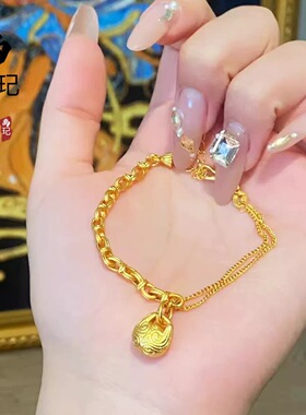 古法沙金吞金兽面铃铛锤纹木鱼手链铜镀金女款精致AB链本命年手饰