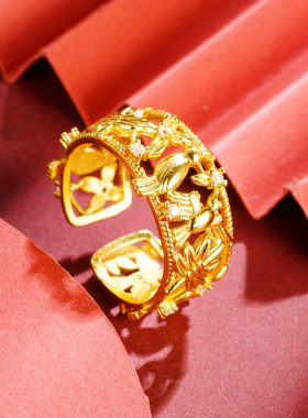 花鸟复古宫廷风镂空沙金戒指鸟语花香镀金久不掉色女气质指环