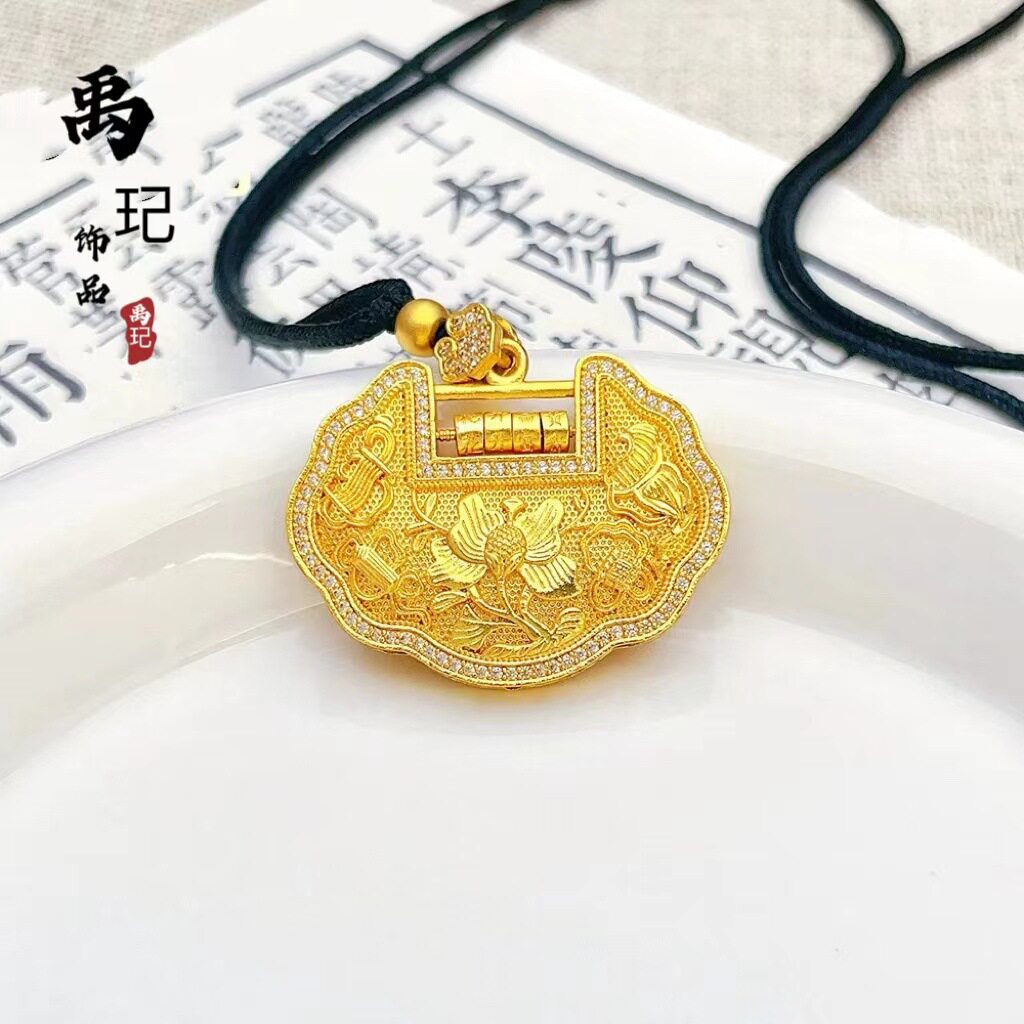 金店同款古法沙金镶钻花开富贵如意锁吊坠diy饰品配件项链同镀金