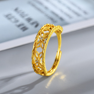 新品日系轻奢复古麻花边窗格镂空镀18K金精工镶嵌锆石戒指女开口