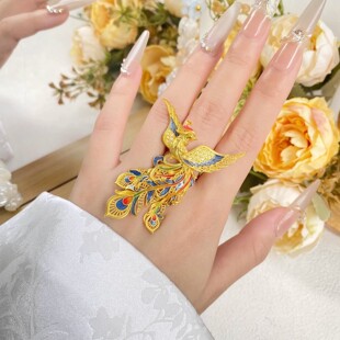 黄金色烧蓝花丝凤舞九天凤凰戒指女款新中式复古珐琅彩夸张食指戒