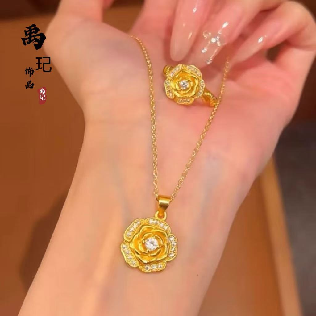 金店同款古法沙金镶钻玫瑰花戒指开口可调节时尚百搭个性项链女