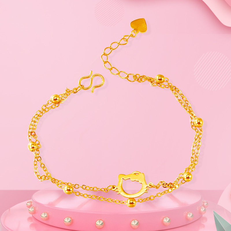 奢华仿18k黄金脚链K&T猫森系女生首饰 时尚双线转&运珠沙金脚饰品