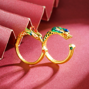 沙金新中式开口戒指情侣款国潮气质高级感复古凤凰戒指龙头男女款