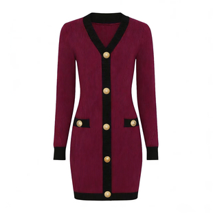 连衣裙 通勤气质网红拼色V领收腰针织长袖 2606高品质春秋新款 时尚