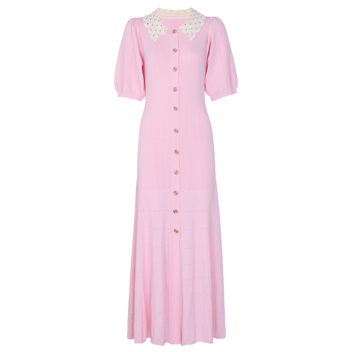 高品质春秋新款时尚灯笼袖针织网红流行修身显瘦绣花领连衣裙