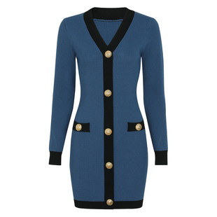 连衣裙 通勤气质网红拼色V领收腰针织长袖 2606高品质春秋新款 时尚