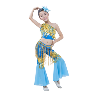儿童傣族舞蹈演出服孔雀舞蹈服装民族彩云之南练功服女童鱼尾裙裤