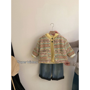 女童冬季新款韩版小香风加厚羊羔绒外套纯色套头毛衣打底休闲套装