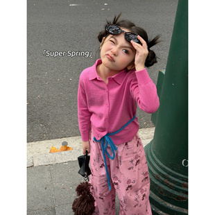 两件套装 女童26春季 上衣满印卡通休闲裤 百搭POLO针织开衫 新款 韩版