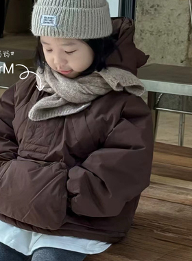 S uper家2024冬季新款女童韩版洋气连帽加棉外套纯色插袋休闲棉服