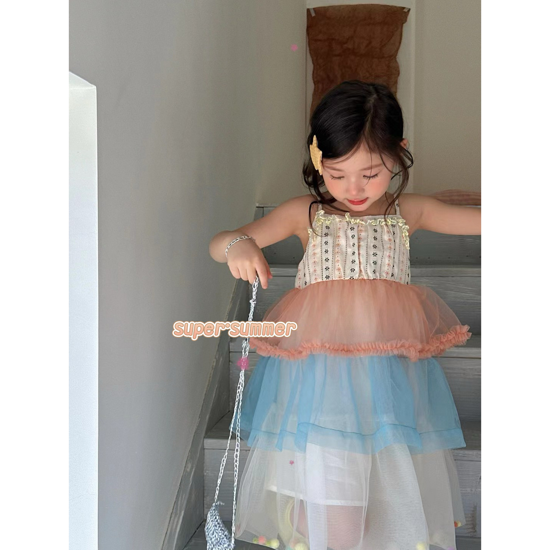 女童26夏季新款韩版气质碎花吊带连衣裙上衣撞色网纱拼接公主裙子,童装/婴儿装/亲子装,连衣裙,淘宝优惠券,粉丝福利购,淘宝优惠卷