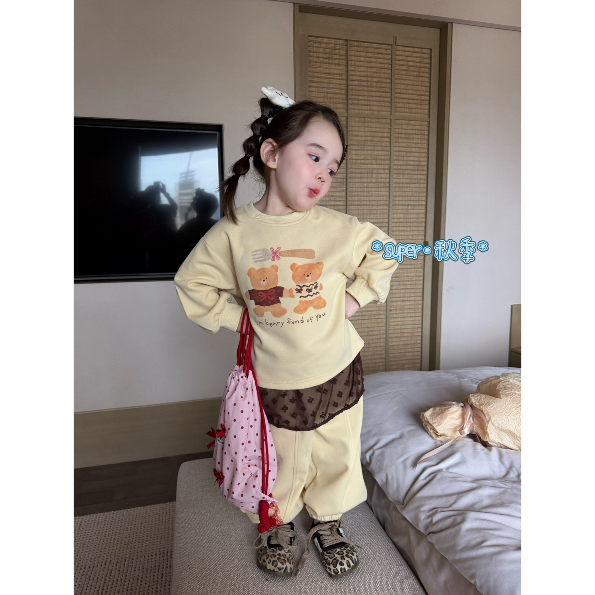 女童26秋季新款韩版卡通小熊螺纹套头卫衣休闲长裤时尚两件套韩系