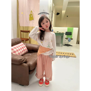 T恤彩色点点上衣ins简约格子裤 女童26春季 花边领套头长袖 韩版 新款