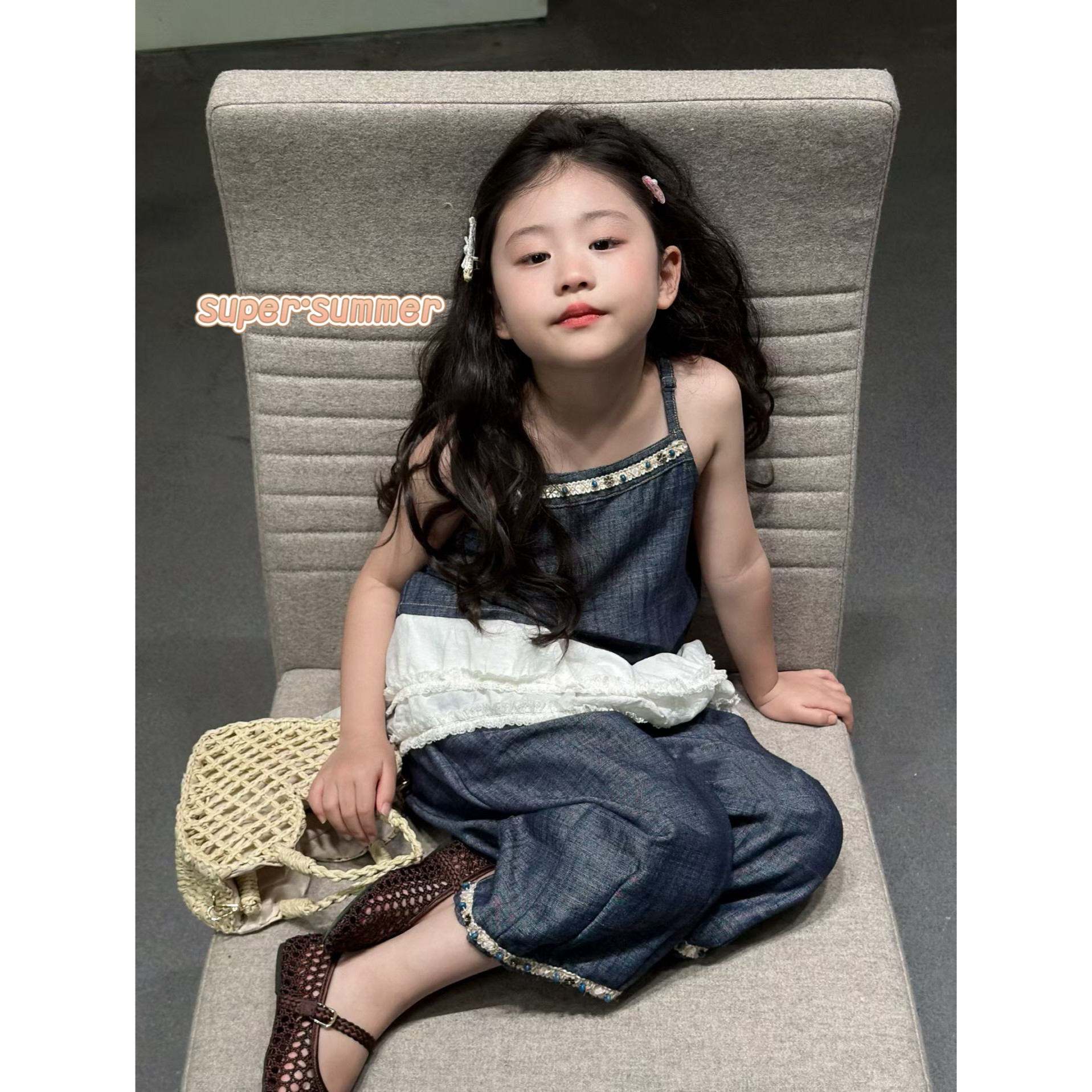 女童26夏季牛仔吊带套装