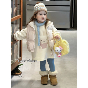女童冬季新款韩版纯色加棉马甲外套卡通森系中长款加绒卫衣两件套
