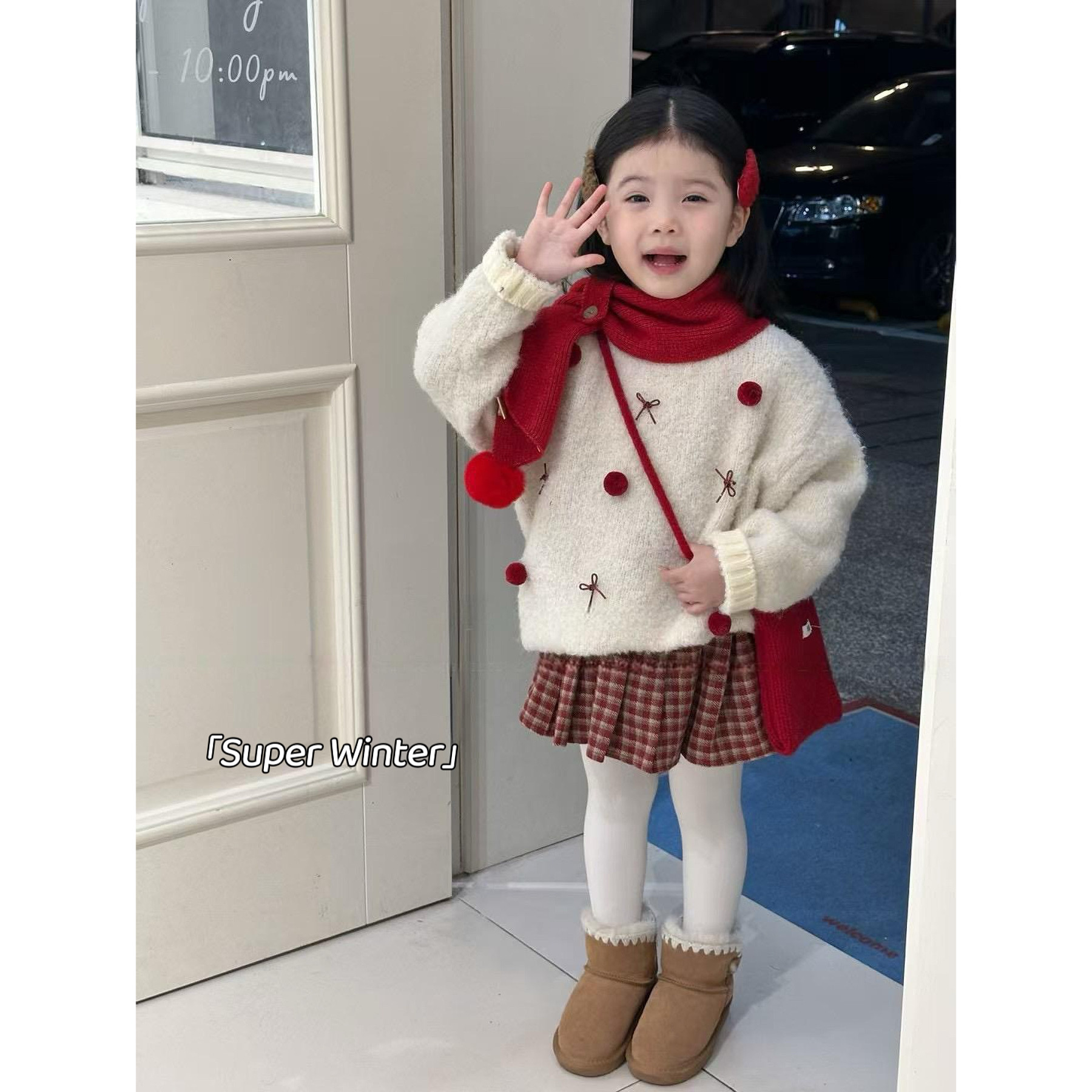 女童冬季新款韩版可爱蝴蝶结套头毛衣球球针织上衣保暖打底加绒裙