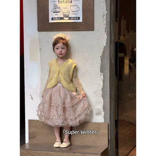 女童26春季新款韩版时尚高定针织马甲外套气质网纱半裙百搭三件套