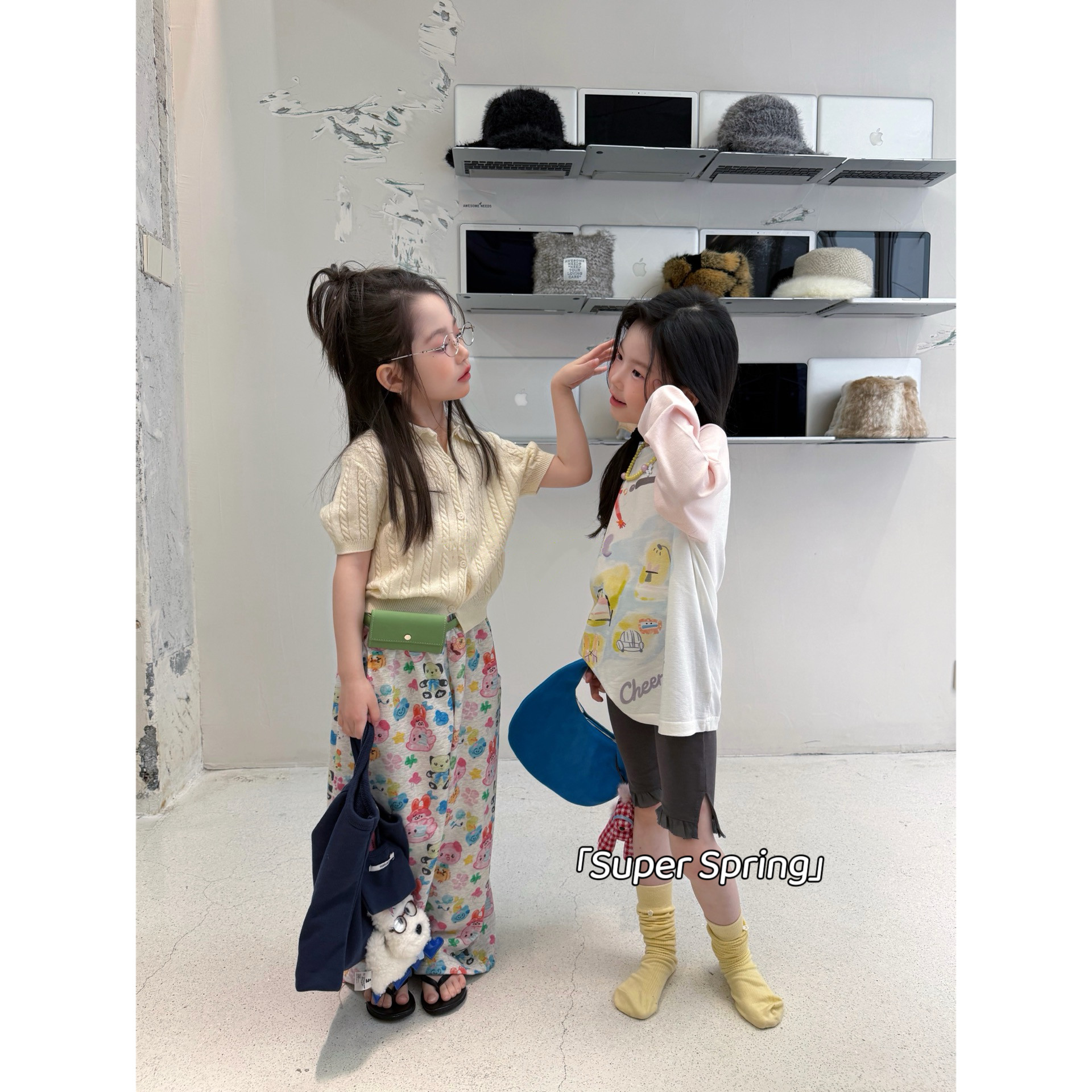 女童26春季新款韩版麻花纹polo针织开衫卡通满印休闲裤两件套甜系