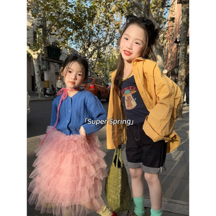 女童26春季新款韩版纯色百搭针织开衫网纱半裙两件套休闲衬衫套装