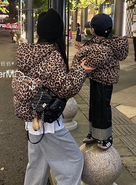 S uper家2024冬季新款儿童韩版双面穿棉服上衣亲子装豹纹外套洋气