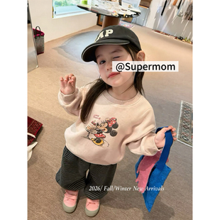 女童26冬季新款韩版卡通米奇套头加绒加厚卫衣御寒条纹束脚裤套装