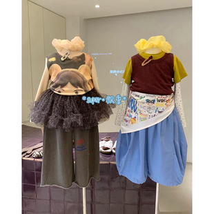 女童26秋季新款韩版百搭水洗女孩长袖T恤上衣网纱半裙韩系网红ins