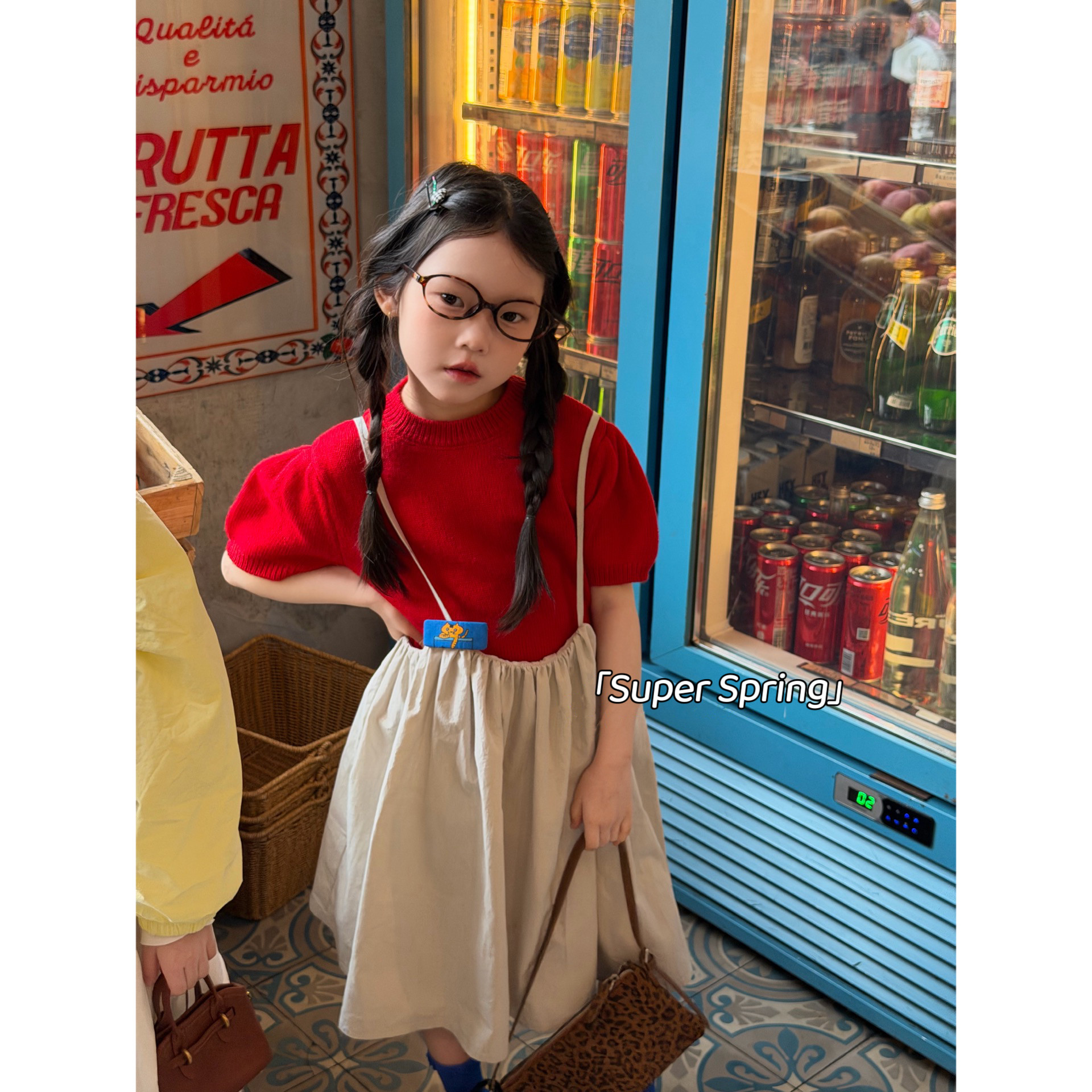 女童26春季新款韩版简约泡泡袖针织短袖上衣吊带连衣裙两件套潮童