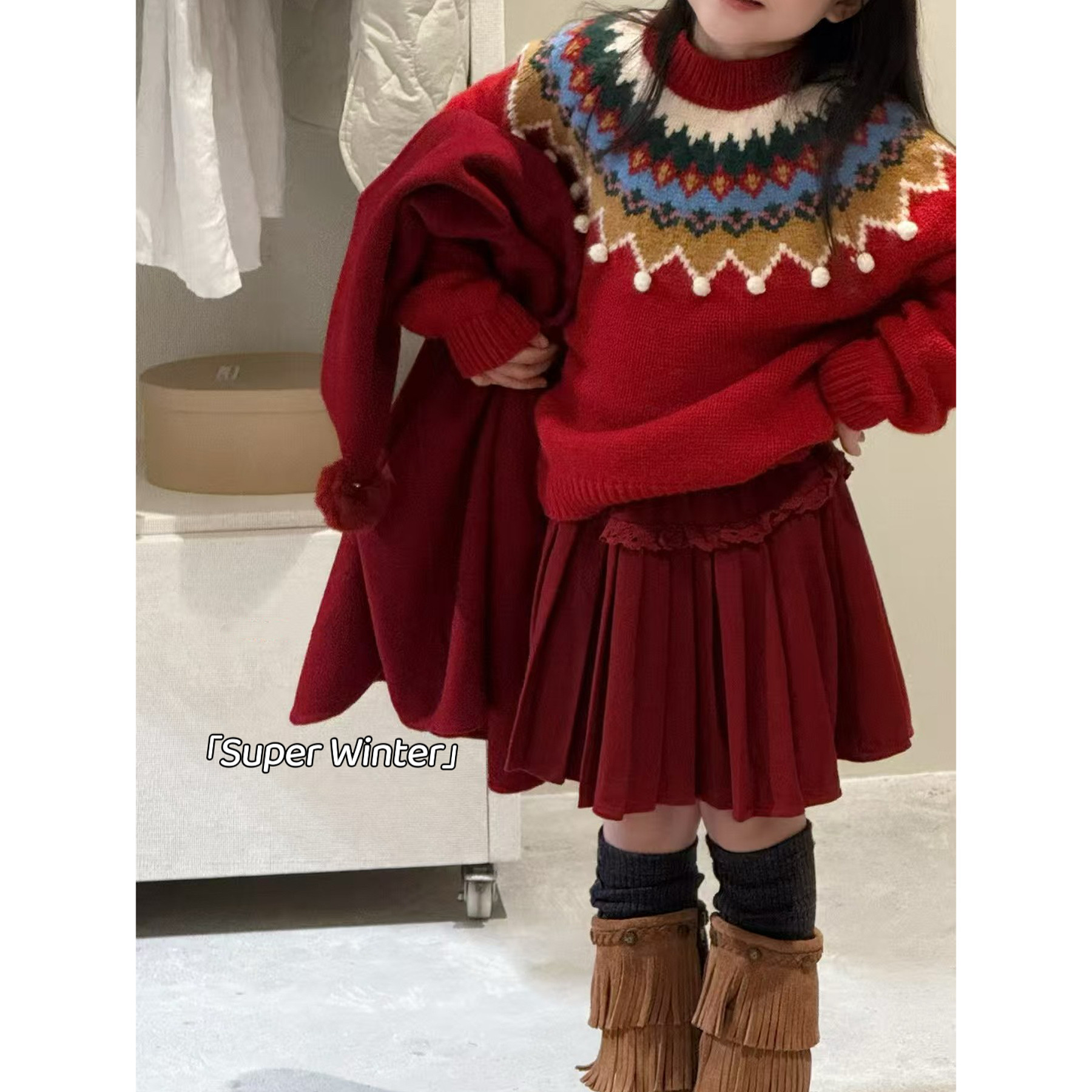 女童冬季新款时尚名族风加厚针织衫套头球球毛衣上衣休闲宝宝线衫