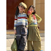 外套卡通假两件长袖 女童26春季 撞色条纹针织开衫 韩版 上衣纯棉 新款