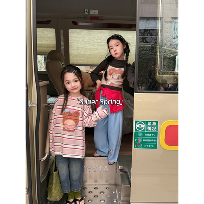 女童26春季卡通条纹撞色T