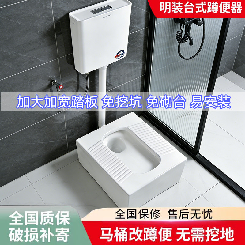 免磊砌台蹲便器马桶改蹲厕冲防臭家用免挖坑明装陶瓷一体全套蹲坑