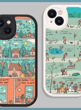 法式复古ins风治愈插画适用苹果14promax手机壳13全包12小米11ultra华为mate50硅胶P60小羊皮nova10红米荣耀