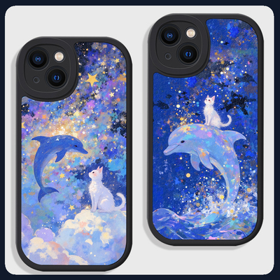 蓝色梦幻唯美可爱猫咪油画手机壳