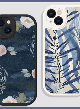 蓝色大气复古艺术适用苹果15promax手机壳14全包13小米12华为mate60硅胶P40羊皮nova11荣耀80防摔oppo软vivo