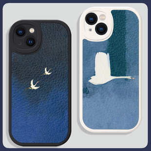 大雁南飞蓝色文艺适用苹果15promax手机壳13小米14华为pura70硅胶mate60小羊皮荣耀100防摔vivo全包oppo一加