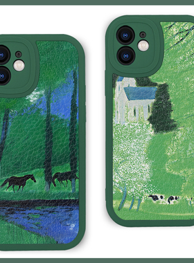 美式田园风文艺复古小众绿色适用苹果15promax手机壳13小米14华为mate60小羊皮荣耀100防摔vivoS18全包oppo软