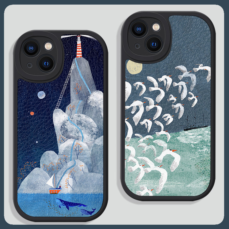 深蓝高级感艺术复古适用苹果15promax手机壳13小米14华为p70硅胶mate60小羊皮荣耀100防摔vivo全包oppo一加11