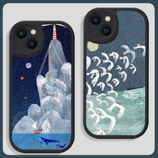 深蓝高级感艺术复古适用苹果15promax手机壳13小米14华为p70硅胶mate60小羊皮荣耀100防摔vivo全包oppo一加11