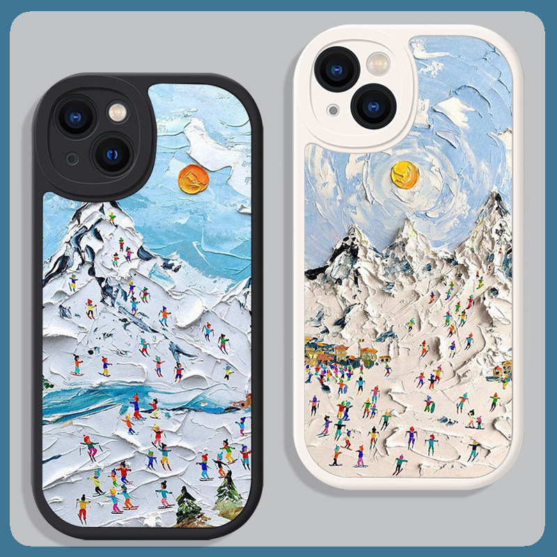 冬日滑雪油画艺术手机壳情侣