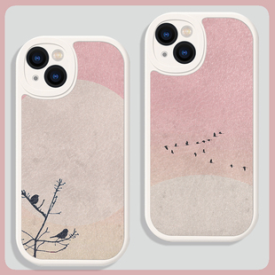 粉色创意复古圆月适用苹果15promax手机壳13小米14华为pura70硅胶mate60小羊皮荣耀100防摔vivo全包oppo一加